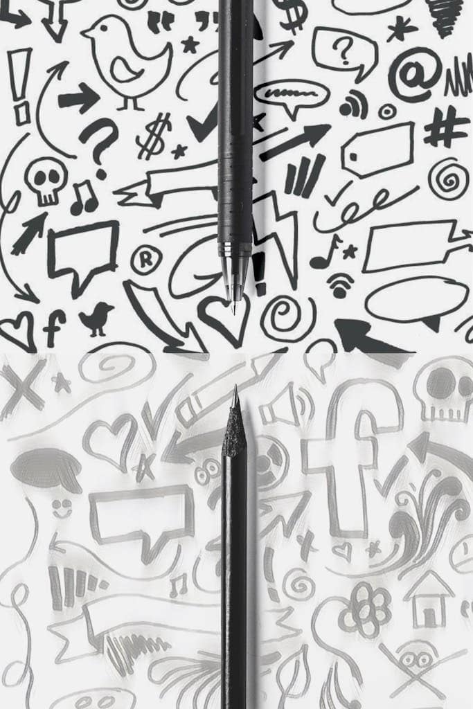 Artistic composition featuring pens and doodles against a contrasting black and white background.